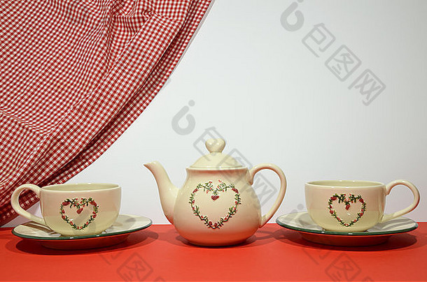 中国茶集窗帘红色的白色背景
