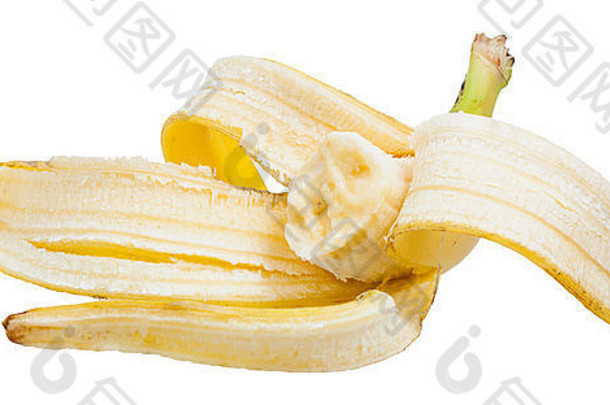 一半黄色的香蕉皮孤立的白色背景