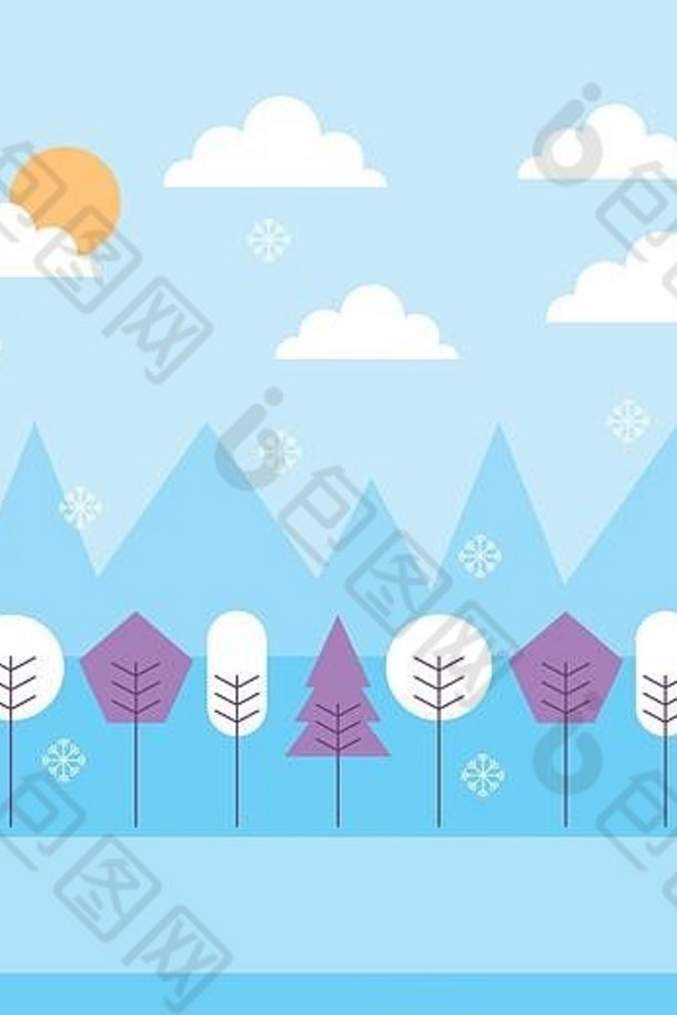 冬天景观降雪山树天空