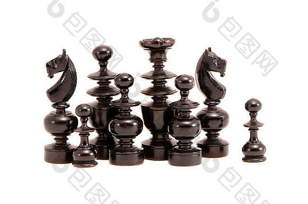 孤立的白色黑色的复古的木棋子集团