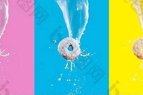 飞行<strong>甜甜圈</strong>白色巧克力上釉牛奶溅孤立的粉红色的蓝色的黄色的背景甜蜜的食物概念广告快食物