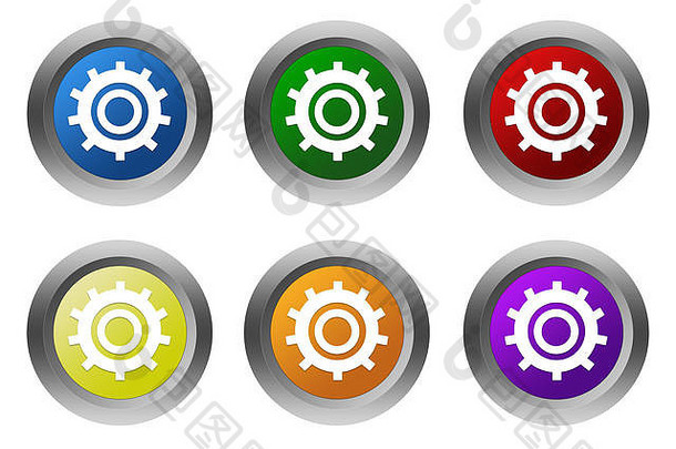 集圆形的按钮齿轮象征蓝色的绿色黄色的橙色紫色的红色的颜色