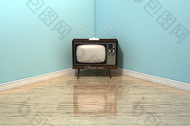古董电视集角落里空房间光蓝色的墙反光木地板上