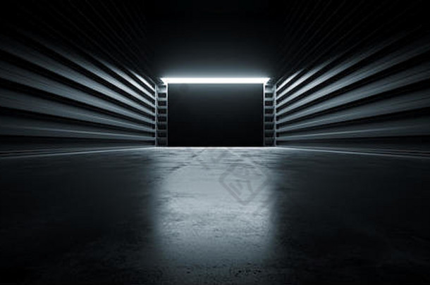 黑暗电影未来主义的现代车库展厅<strong>隧道</strong>走廊混凝土金属难看的东西反光光滑的空空间白色发光展示阶段安德格