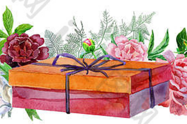 边境水彩红色的盒子礼物牡丹卡创造力