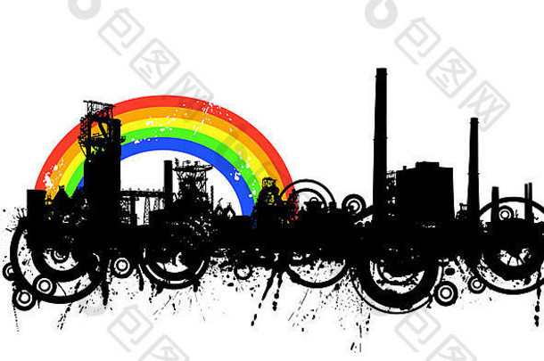 详细的插图工业天际线彩虹难看的东西