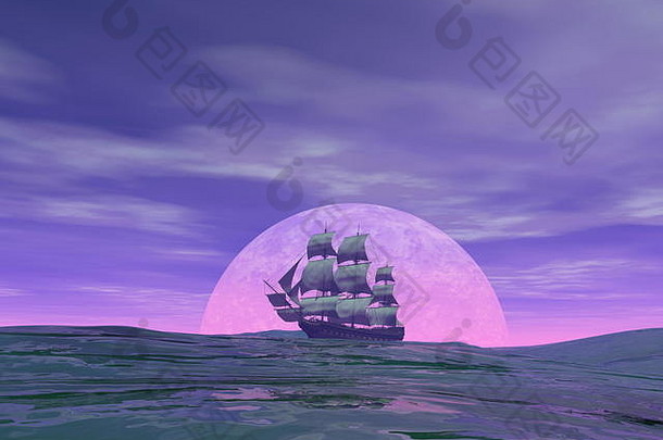 商人船前面月亮海洋多云的日落渲染