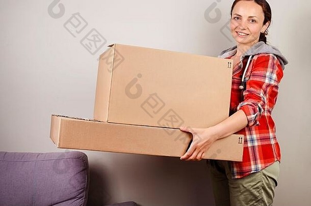 拆包包裹女人打开盒子幸福的需要购买在线商店交付服务概念在线购物人欧洲免费的空间文本