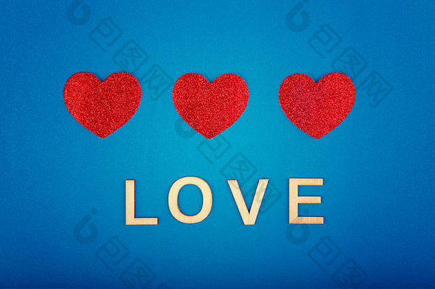 快乐情人节一天美丽的卡壁纸红色的心中心蓝色的背景木单词爱概念一夫多妻制rel