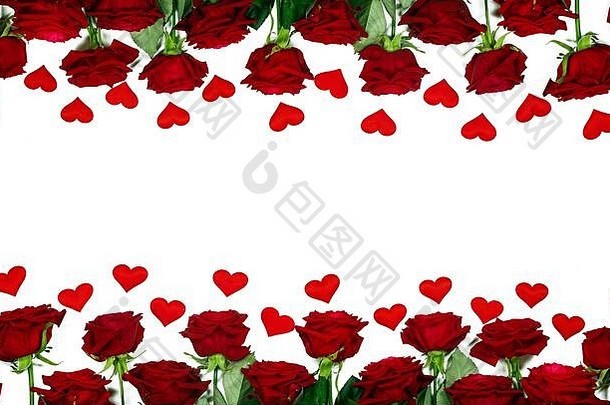 红色的玫瑰纸心边境框架孤立的白色背景情人节一天