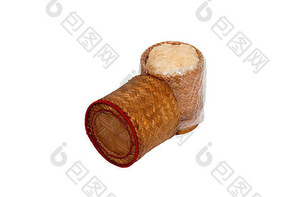 考奥除外泰国黏糊糊的大米减少白色背景竹子容器