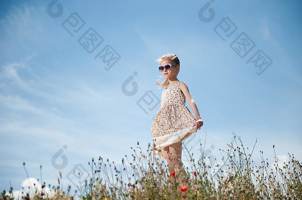 美丽的年轻的高加索人女孩穿短衣服时尚的太阳镜夏天场花蓝色的天空背景