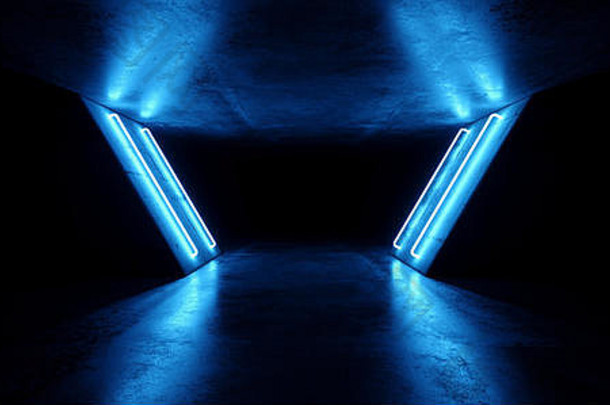 未来主义的sci现代现实的霓虹灯发光的蓝色的领导激光光管难看的东西粗糙的混凝土反光黑暗空隧道走廊背景