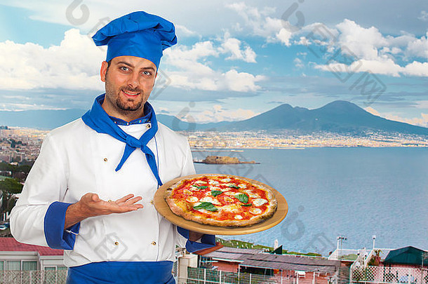 年轻的老板那不勒斯披萨margherita海湾那不勒斯背景