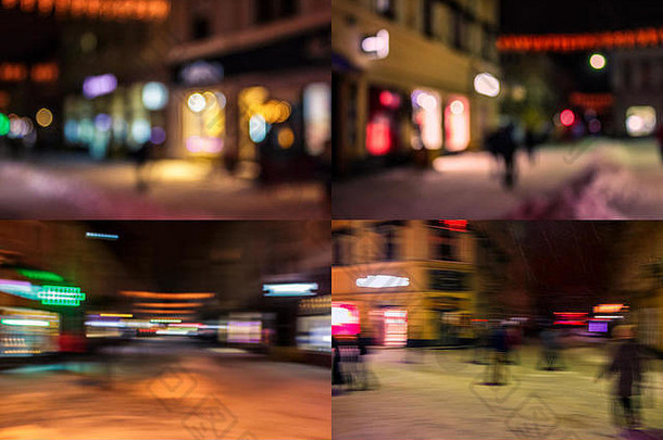 人群人移动欧洲城市圣诞节晚上街散焦模糊摘要图像