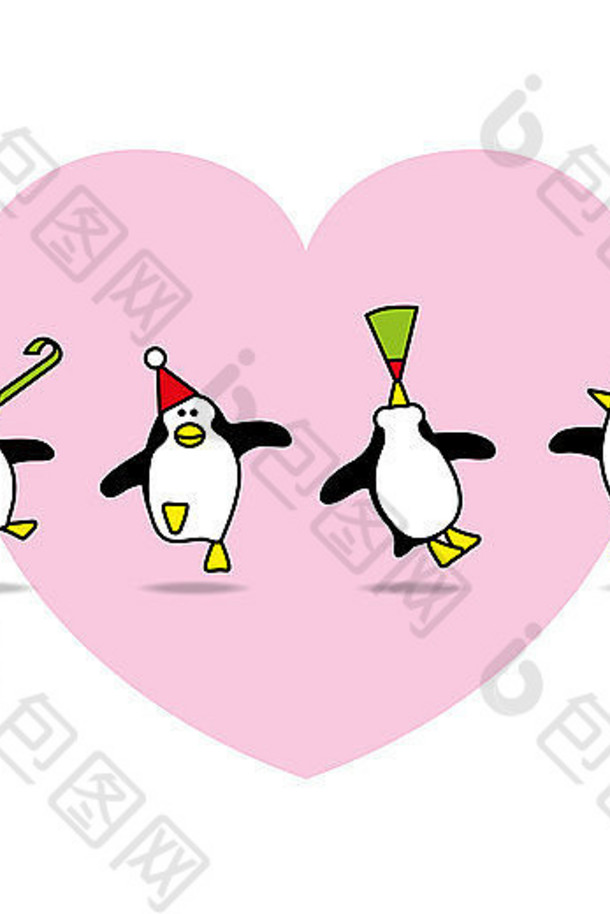 快乐企鹅聚会，派对帽子跳舞前面粉红色的心白色背景