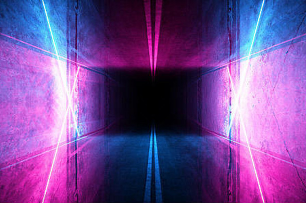 apshalt路激光发光的霓虹灯复古的紫色的蓝色的sci未来主义的外星人宇宙飞船混凝土水泥隧道走廊车库大厅阶段显示晚上黑暗