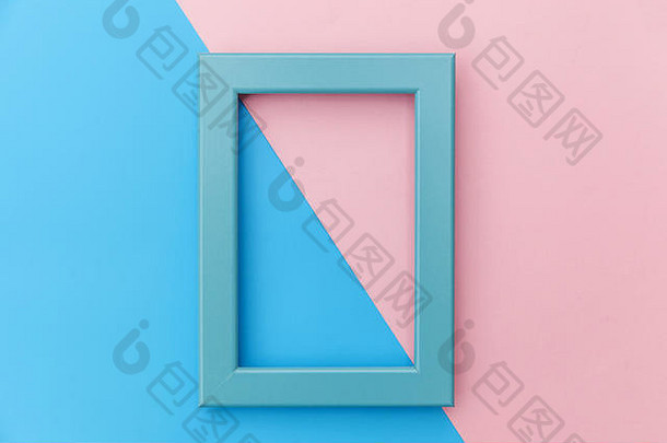 简单的设计空蓝色的框架孤立的粉红色的蓝色的柔和的色彩斑斓的背景前视图平躺复制空间模拟最小的概念