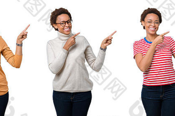 年轻的非洲美国女人非洲式发型头发穿眼镜微笑相机指出手手指一边