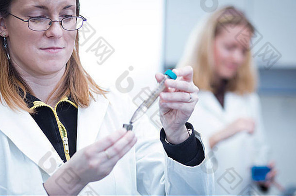 女研究人员携带研究化学生物化学实验室颜色健美的图像
