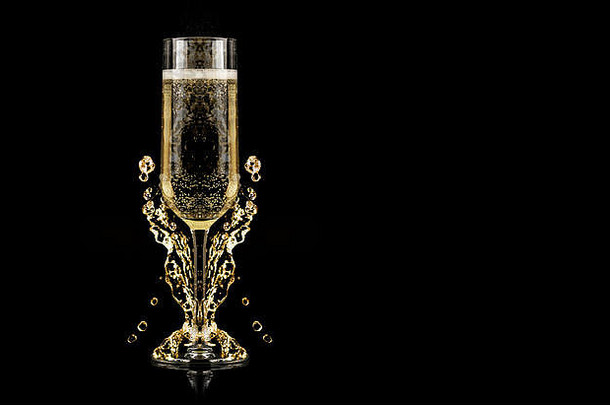 香槟眼镜飞溅黑色的背景一年庆祝活动