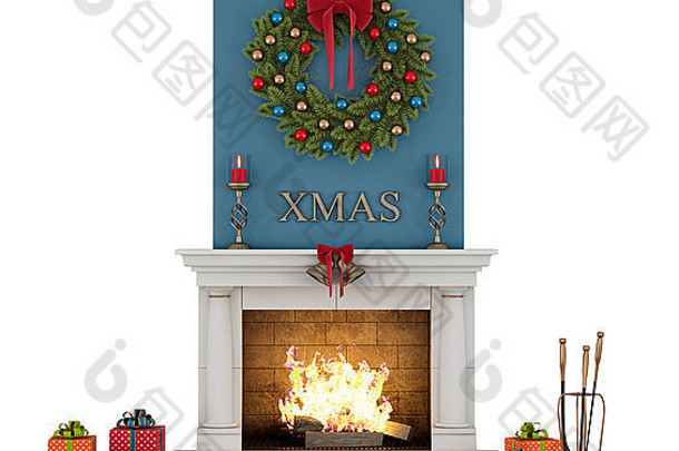 传统的壁炉圣诞节装饰孤立的白色呈现