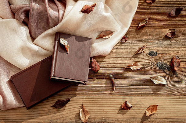 一对书光偷了木表格秋天叶子前视图概念浪漫的情绪阅读文学舒适安慰