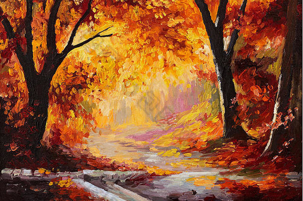 石油绘画秋天森林明亮的叶子壁纸树装饰
