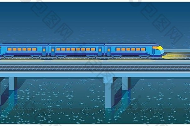 无缝的水平程式化的插图晚上表达火车冲桥