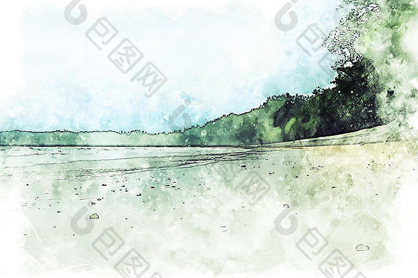 摘要美丽的色彩斑斓的软波海山水彩绘画背景数字插图刷艺术