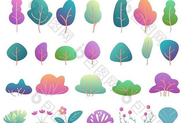 平树灌木现代梯度平设计幻想颜色公园树布什