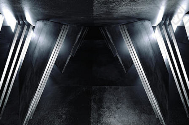 sci未来主义的虚拟宇宙飞船摘要三角形形状的光滑的金属混凝土难看的东西黑暗空白色发光电影走廊房间走廊他们进去