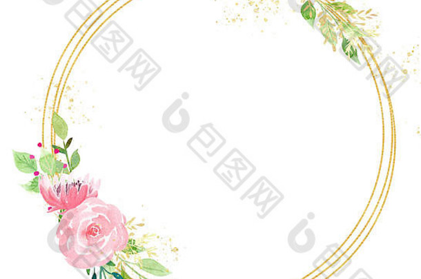 新鲜的粉红色的花水彩手画光栅框架盛开的玫瑰问候卡装饰繁荣的分支机构线Copyspace婚礼邀请