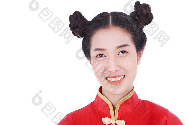 美丽的女人穿红色的旗袍概念快乐中国人一年孤立的白色背景