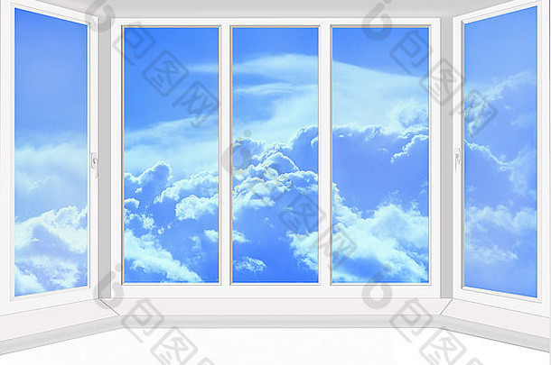 塑料窗户俯瞰蓝色的美丽的天堂孤立的白色