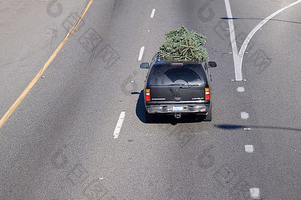 空中视图<strong>圣诞</strong>节树拖屋顶运动型多功能车开车高速公路假期