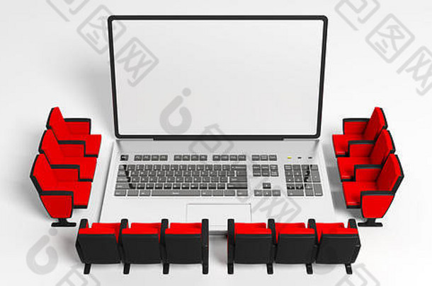首页电影网络研讨会概念电影椅子移动PC空白白色屏幕Copyspace白色背景插图