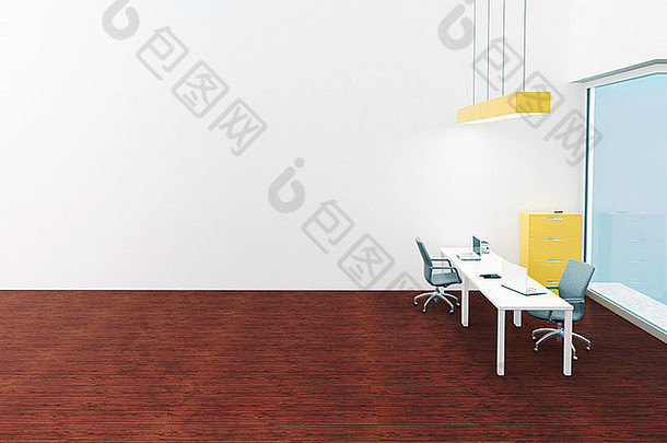 简单的现代办公室室内<strong>樱桃木</strong>地板上黄色的颜色口音渲染插图