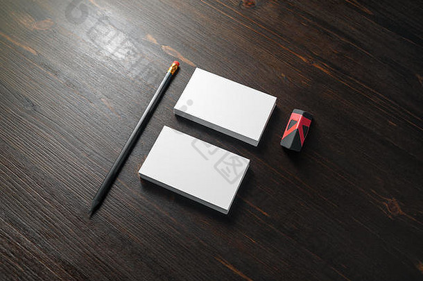 照片空白业务卡片铅笔橡皮擦木表格背景品牌模拟