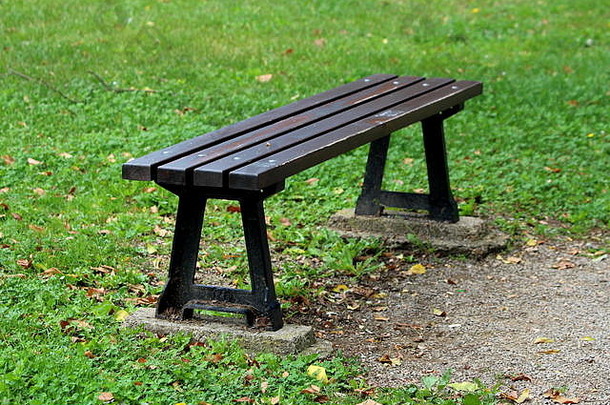 木公共板凳上安装金属螺丝黑色的造成铁支持混凝土基金会包围绿色草下降叶子