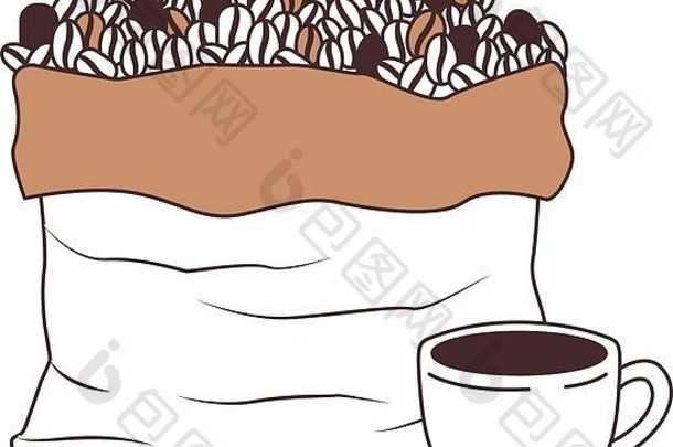 袋豆子杯咖啡处理菜轮廓颜色部分白色背景
