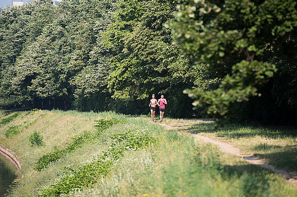 年轻的夫妇运行树木繁茂的森林区域培训锻炼小道运行马拉松耐力健身健康的生命支柱