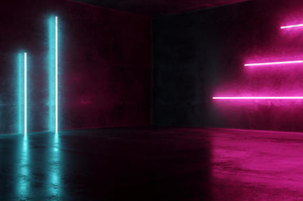 sci蓝色的粉红色的紫色的霓虹灯未来主义的赛博朋克发光的复古的现代充满活力的灯激光显示空阶段房间大厅反光混凝土难看的东西库鲁