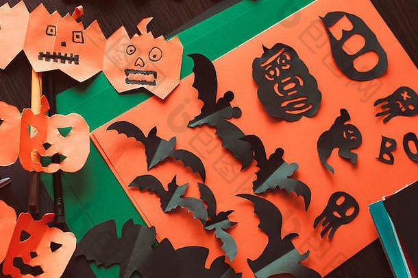 工艺品万圣节庆祝活动概念数据黑色的蝙蝠鬼魂加兰南瓜脸减少黑色的橙色纸