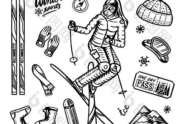 冬天体育季节古董滑雪滑雪跳运动员山索道缆索索道溜冰鞋温暖的衣服户外