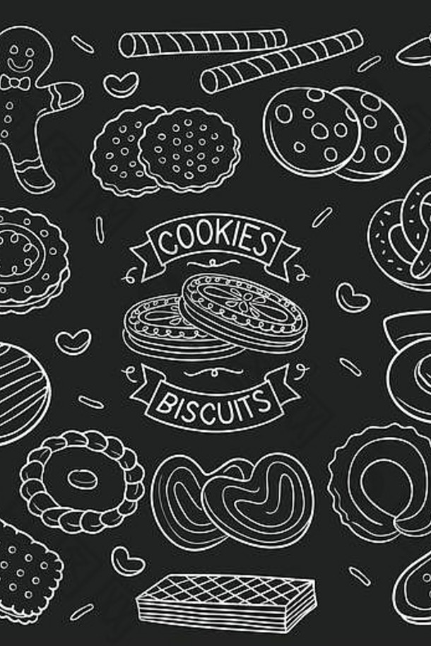 饼干饼干手画黑板白色颜色孤立的黑色的背景