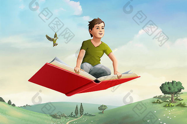 孩子们飞行开放书农村景观数字插图