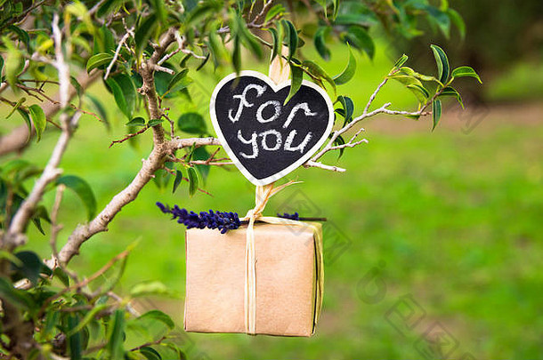 礼物盒子薰衣草嫩枝挂树分支刻字剪辑标签情人节婚礼爱浪漫的概念