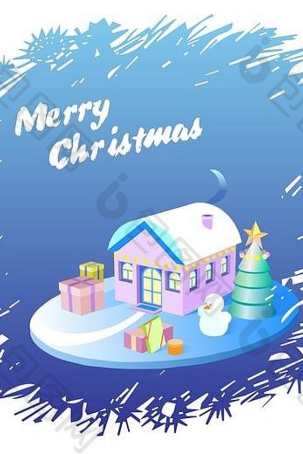 等角圣诞节装饰房子树雪人平插图