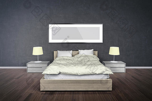 把创建空区域卧室衣柜双床上空白图片框架墙